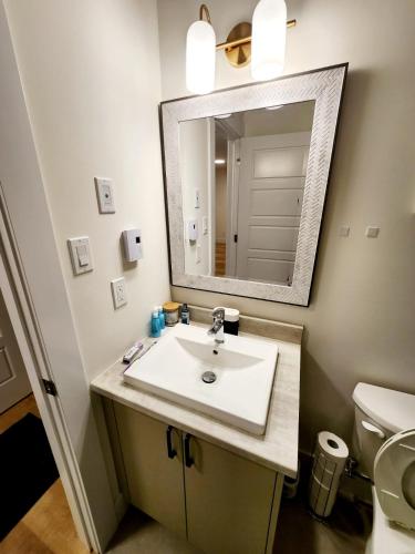 a bathroom with a sink and a mirror at Serene Luxury Suite in Riverview
