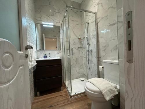 a bathroom with a shower and a toilet and a sink at Alina Boutique Living in Victoria