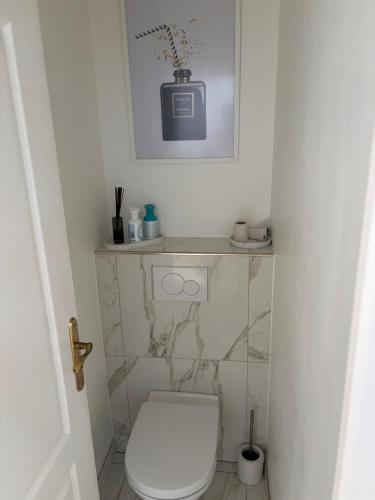 a bathroom with a toilet and a picture on the wall at Villa Champigny in Champigny-sur-Marne