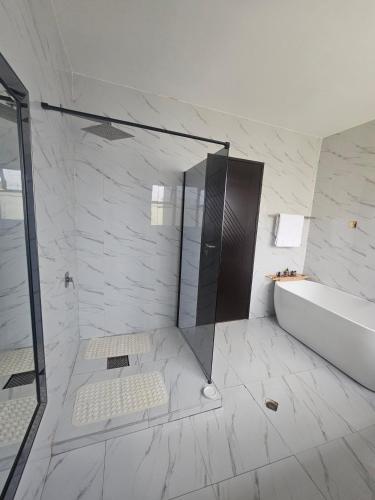 a bathroom with a shower and a tub and a sink at Luxe Apartments in Lusaka