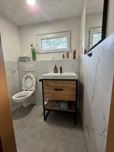 a white bathroom with a toilet and a sink at Chata Hugo in Česká Lípa
