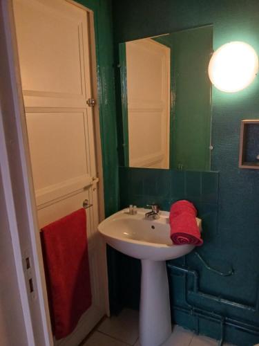 a green bathroom with a sink and a mirror at Arthur et Eva - Lit King size - gare - centre - hopital in Abbeville