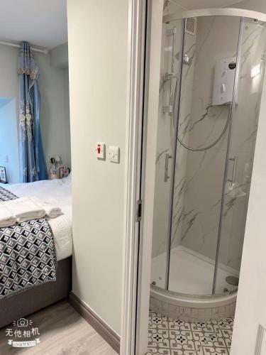 a glass shower in a bedroom with a bed at Cove Guest Accommodation in Kinvara