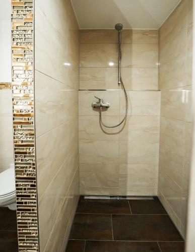 a shower with a shower head in a bathroom at Hotel Krone in Wassen
