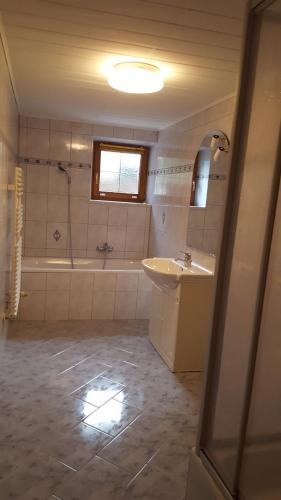 ein Bad mit einem Waschbecken, einer Dusche und einem Spiegel in der Unterkunft FEWO "Unterm Wald" in Stumm