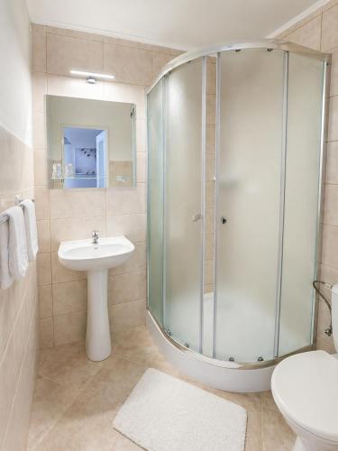 a bathroom with a glass shower and a sink at Hotel Alster in Jevíčko