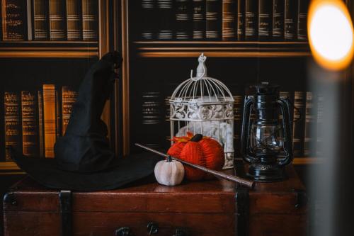 a table with a bird cage and pumpkins and a lantern at Wizard's apartment Plovdiv in Plovdiv