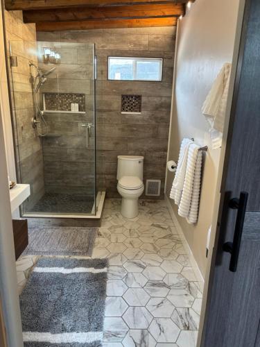 a bathroom with a toilet and a glass shower at Grand Studio with Resort Amenities in Alpine