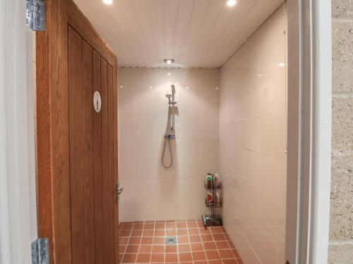 a bathroom with a shower stall with a camera on the wall at Robin in Woodbridge