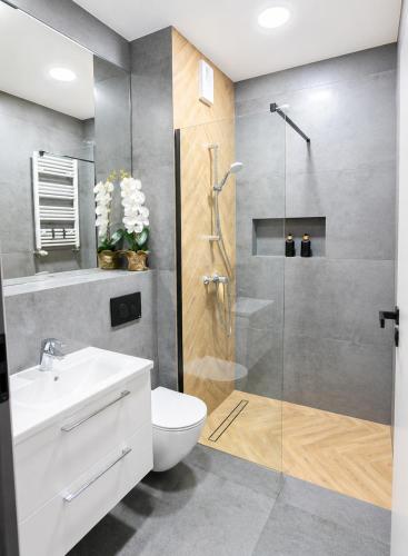 a bathroom with a shower with a toilet and a sink at Ami Luxury Residence VI CENTRUM - parking- in Iława