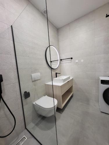 a bathroom with a toilet and a mirror at Sea Star in Žman
