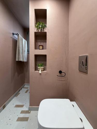 a bathroom with a toilet and two plants on shelves at A Casa Di Zoi in Archangelos