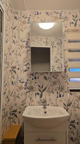 a bathroom with a sink and a mirror at Mazurski Zakątek in Ławki