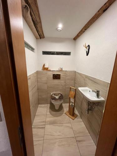 a bathroom with a toilet and a sink at Almhütte, Ferienhaus Hadn Hube in Paisberg