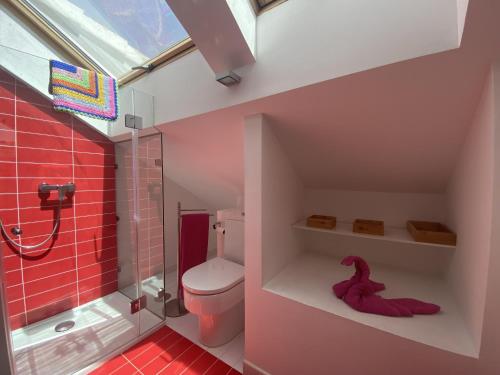a bathroom with a toilet and a shower with red tiles at Relax Los veleros in Pasito Blanco