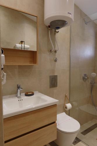 a bathroom with a sink and a toilet and a shower at Guest House Pasha in Ulcinj