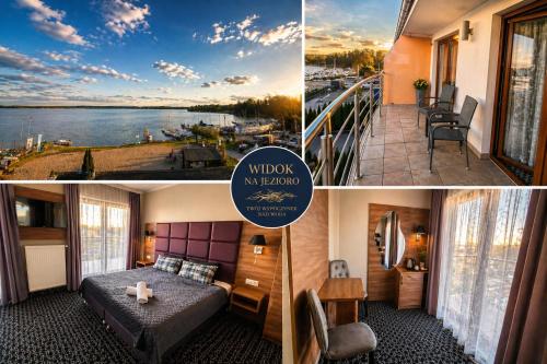 a collage of photos of a hotel room with a bed and a balcony at Villa Malibu in Zegrze Południowe