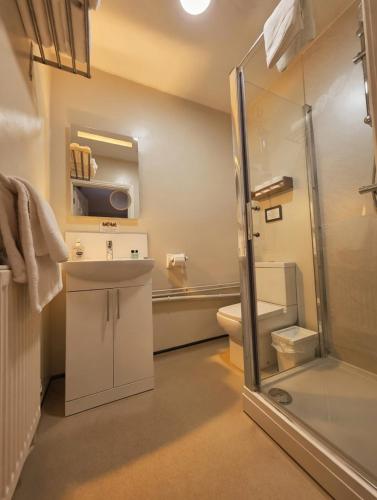 a bathroom with a toilet and a sink and a shower at Grains Bar Hotel in Oldham