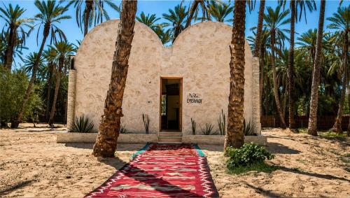 a building with palm trees in front of it at Sahara Lounge in Tozeur