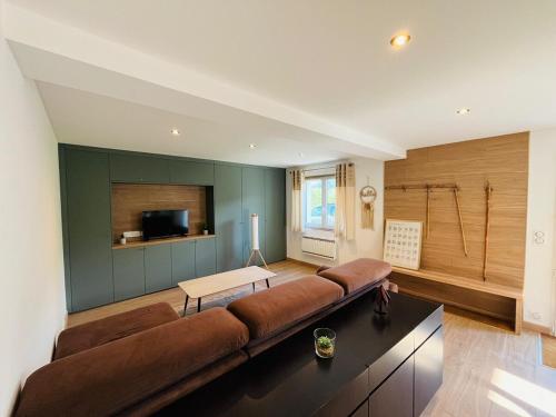 a living room with a brown couch and a television at Modern haven with garden in Marignier