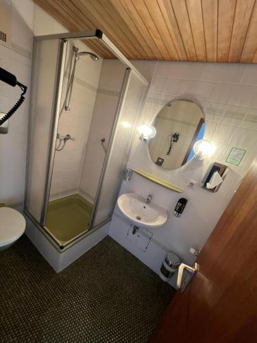 a bathroom with a shower and a sink and a mirror at Parkhotel Rottweil in Rottweil