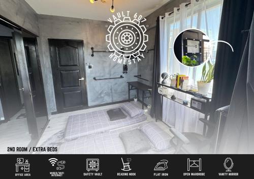 a bathroom with a sink and a door and a mirror at Vault 607 Homestay in Davao City
