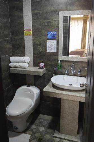 a bathroom with a toilet and a sink at Hoteles Bogotá Inn Santa Bárbara Usaquén in Bogotá