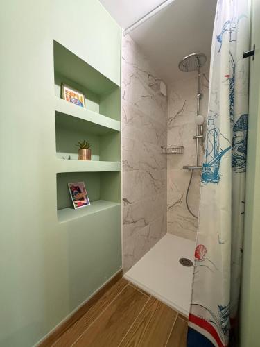 a bathroom with a shower and a shower curtain at Studio vert à 400 m de la plage in Le Pradet