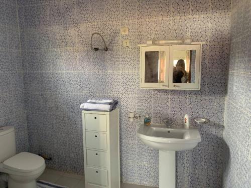 a bathroom with a sink and a toilet and a mirror at Linda's Guest House in Rotouma