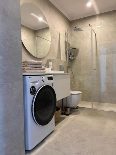 eine Waschmaschine in einem Badezimmer mit Spiegel in der Unterkunft Cool Monkey Studio in Starogard Gdański
