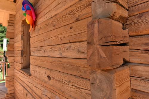 a wall of a log cabin with a toy on it at Hotel Des Roses in Antey-Saint-André