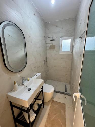 a bathroom with a sink and a toilet and a mirror at Guesthouse Natyra Theth in Theth