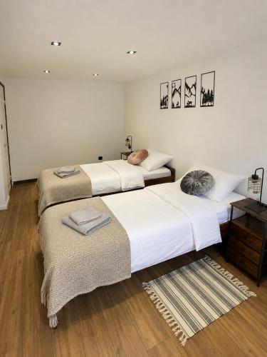 two beds in a room with a cat sleeping on them at Leśny Dworek Marianny 4 osobowy in Miedzygorze