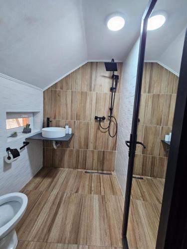 a bathroom with a shower with a toilet and a sink at Vibe House Madisson in Braşov