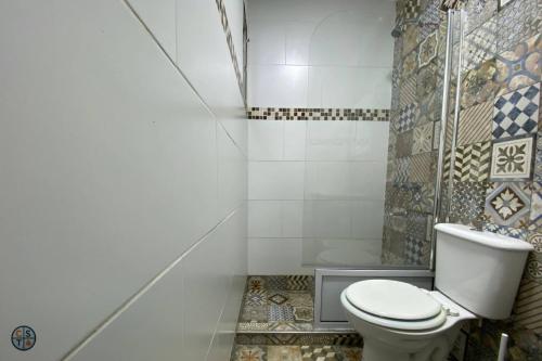 a bathroom with a toilet and a shower at SH Aparts Depto 1 in Coronel Suárez