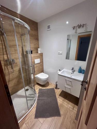 a bathroom with a shower and a toilet and a sink at Villa Montis in Vysoké Tatry
