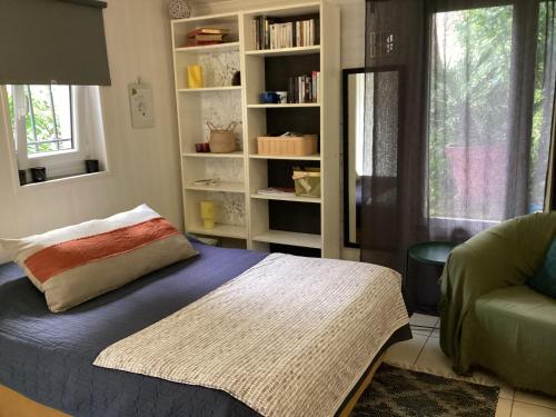 a bedroom with a bed and a couch and a book shelf at Maisonnette Nantes in Nantes