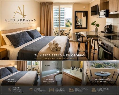 a hotel room with a bed and a kitchen at Alto Arrayán in Osorno