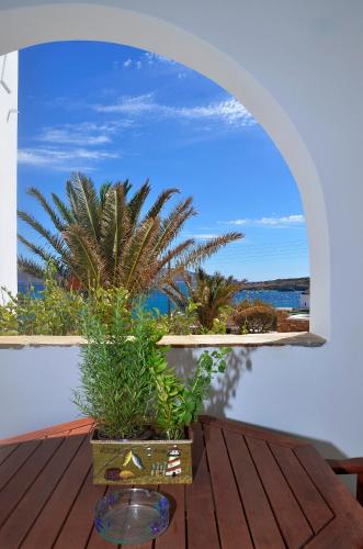 a table with two plants on top of a balcony at Onar Studios in Koufonisia