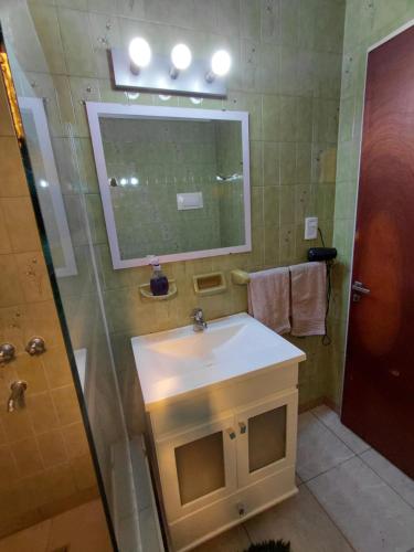 a bathroom with a sink and a mirror and a shower at Danny ap - Amplio y cómodo - 18 min Aeropuerto - Zona de Restos - Parking in Monte Grande