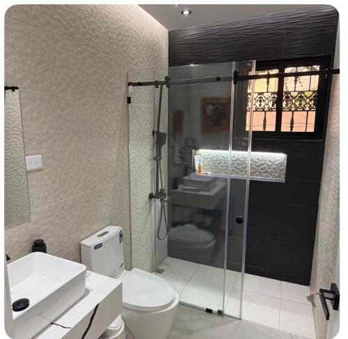 a bathroom with a shower and a toilet and a sink at Villa Donatella Bonao in Bonao