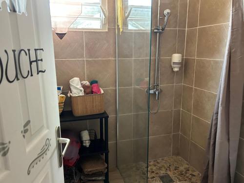 a shower with a glass door in a bathroom at La maison de la plage in Sainte-Luce