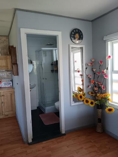 a bathroom with a shower and a vase of flowers at Mini Regugio in Chillán