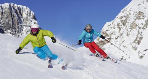 two people are skiing down a snow covered mountain at Ferienhaus Bella Vista in Presseggersee