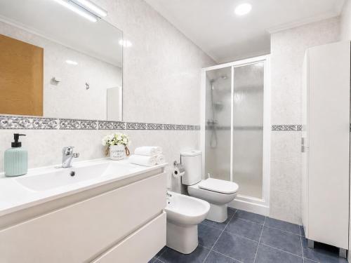 a bathroom with a toilet and a sink and a shower at APARTAMENTO SOL in Viveiro