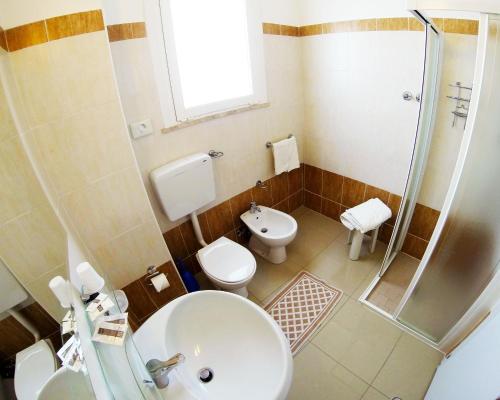 チェゼナーティコにあるHotel Raffaelloのバスルーム(シャワー、トイレ、シンク付)