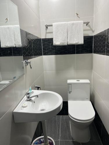 a bathroom with a white toilet and a sink at Hotel Blue Orchid in Bayan Lepas