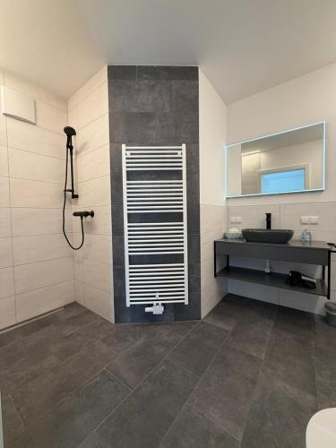 a bathroom with a sink and a mirror and a shower at Pollross Apartments in Reichenau