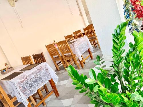 a dining room with tables and chairs and plants at Elephant Hotel Luang Parabang in Luang Prabang