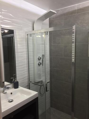 a bathroom with a shower and a white sink at Studio proche pistes Chantemerle in Saint-Chaffrey
